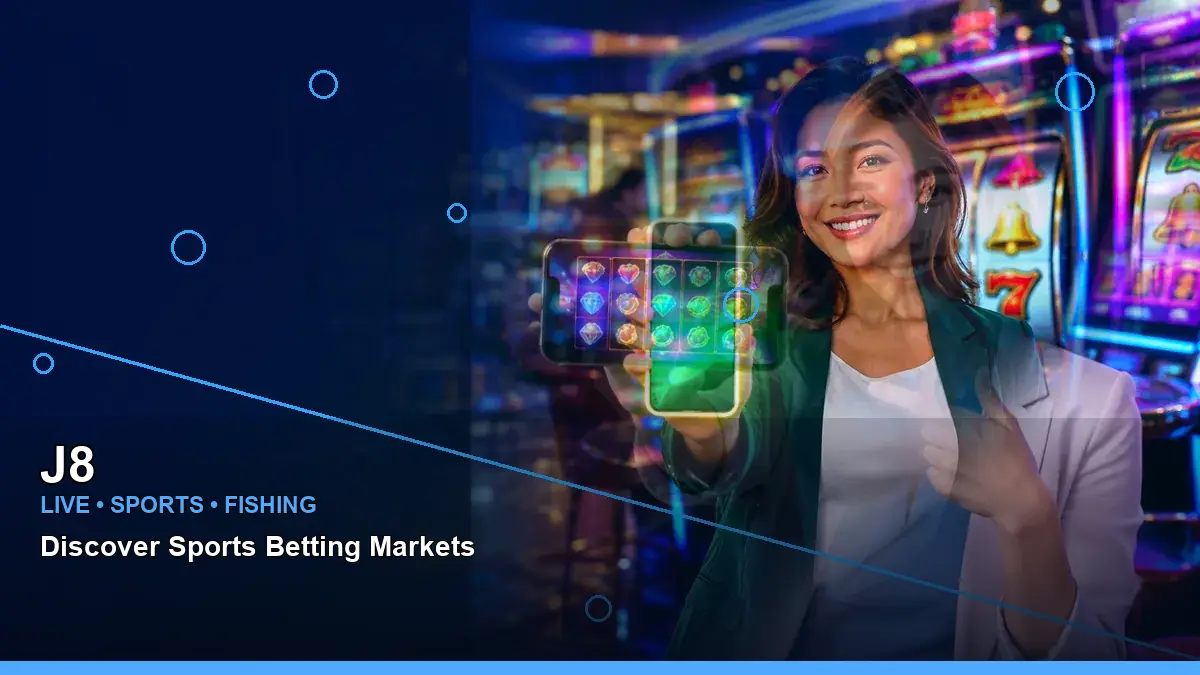 J8 mobile casino app with an adult Filipina host in a right-aligned composition