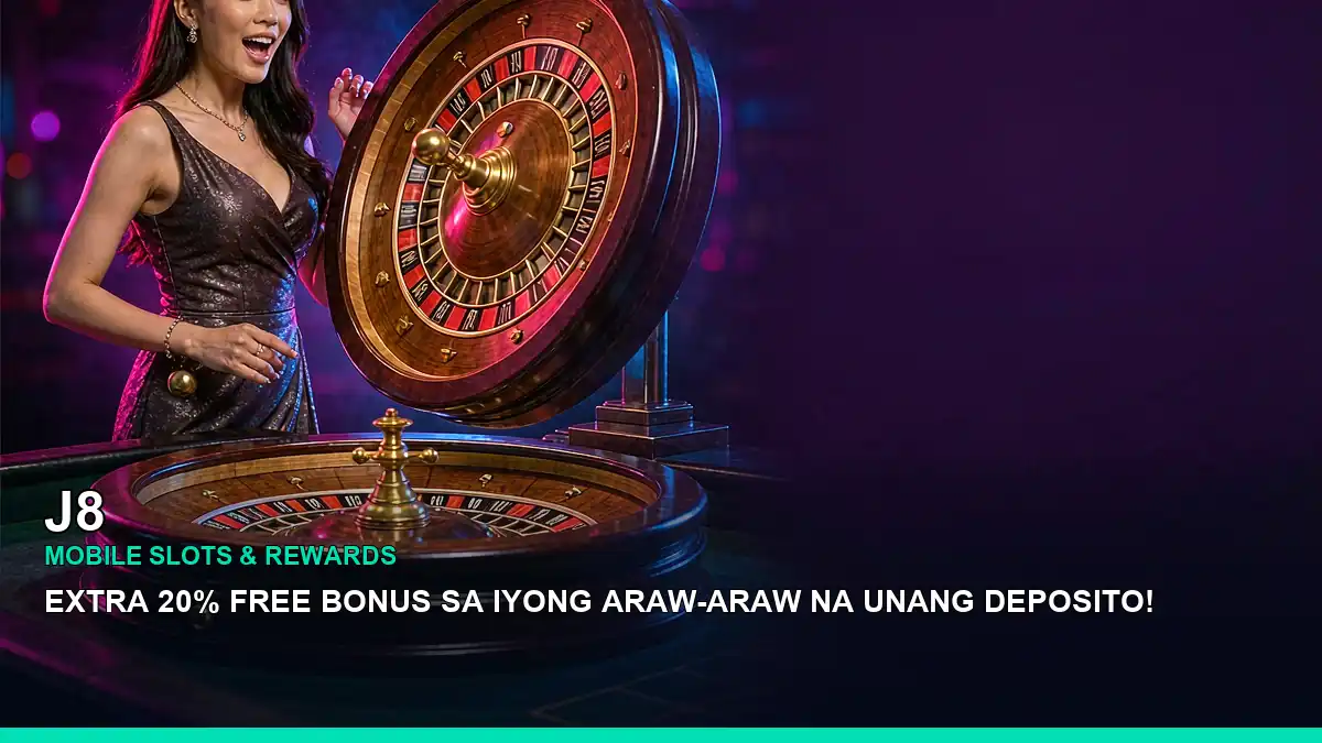 J8 live casino table games shown with an adult Filipina casino host in a balanced central composition