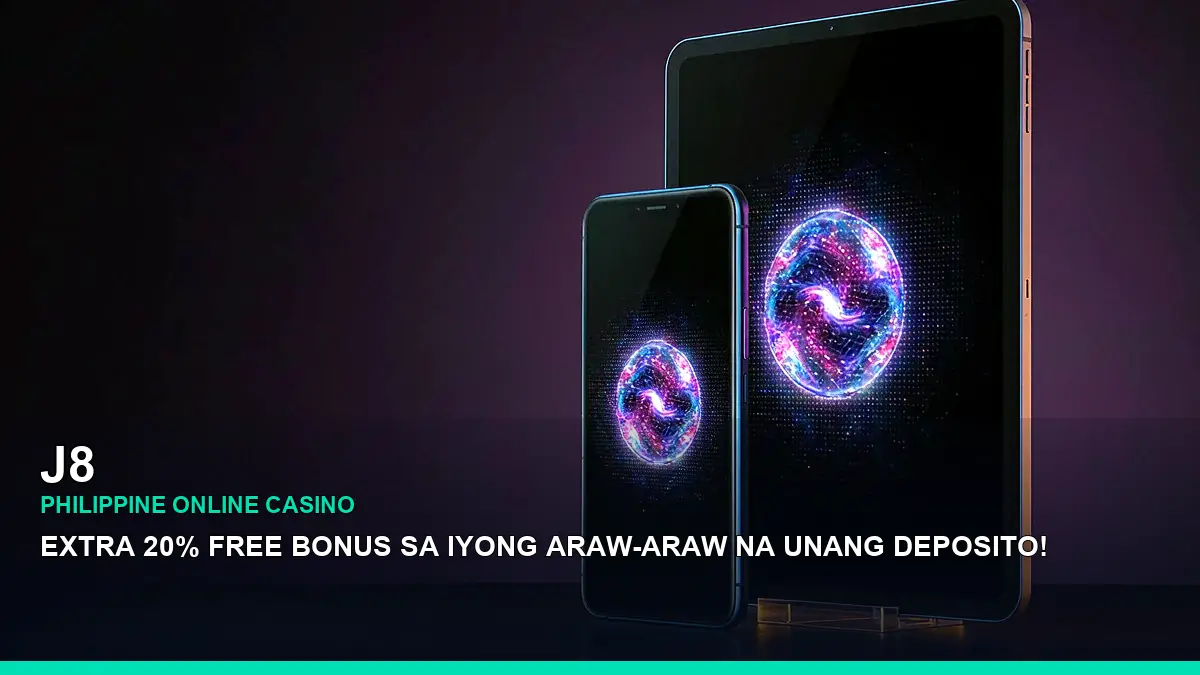 J8 mobile casino app download scene featuring an adult Filipina casino host and social sharing elements