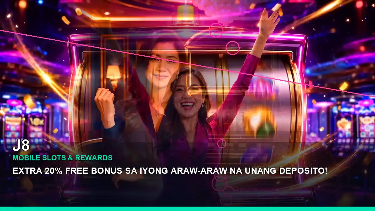 J8 neon-style jackpot slot scene featuring an adult Filipina casino host in a balanced central composition
