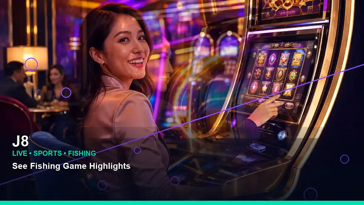J8 Sports Center information for Philippine users with a layered slot-game collage, free spins, and mobile play